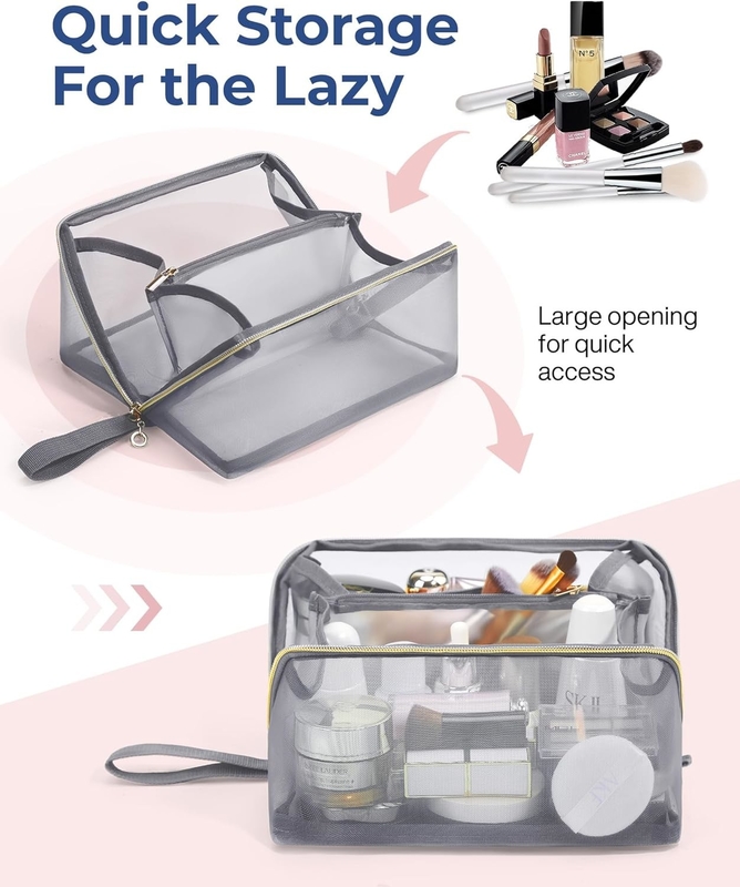 Portable Large Black Mesh Cosmetic Bag Open Flat Organizer Travel Bag For Men Women