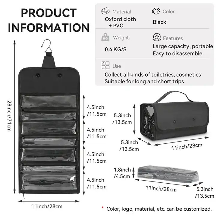 Elegant Pvc Hanging Wash Bag 28*13.5*13.5cm For Mens Toiletry