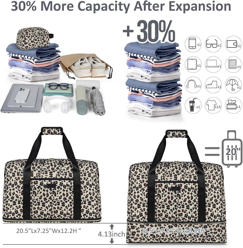 Leopard Expandable Large Weekender Overnight Waterproof Carry on Shoulder Tote Travel Bag ith Toiletry Bag