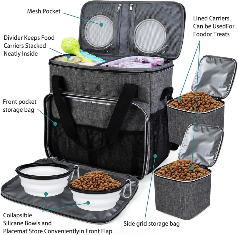 Dog Cat All Pet Travel Bag with 2 Pet Food Containers and 2 Collapsible Silicone Bowls