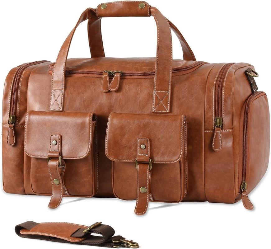 Large Brown PU Leather Carry On Weekender Overnight Sports Yoga Gym Custom Travel Bag with Shoe Pouch