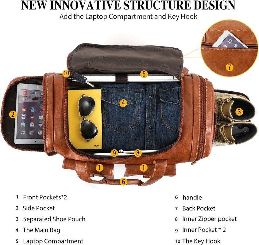 Large Brown PU Leather Carry On Weekender Overnight Sports Yoga Gym Custom Travel Bag with Shoe Pouch
