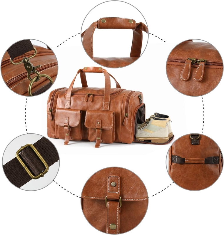 Large Brown PU Leather Carry On Weekender Overnight Sports Yoga Gym Custom Travel Bag with Shoe Pouch