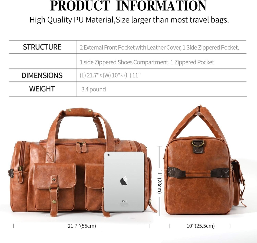 Large Brown PU Leather Carry On Weekender Overnight Sports Yoga Gym Custom Travel Bag with Shoe Pouch