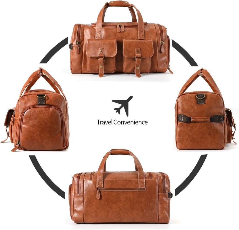 Large Brown PU Leather Carry On Weekender Overnight Sports Yoga Gym Custom Travel Bag with Shoe Pouch