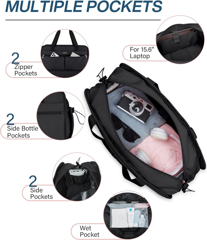 Large Black 40L Carry On Weekend Overnight Bag Sports Gym Yoga Custom With Shoe pockets
