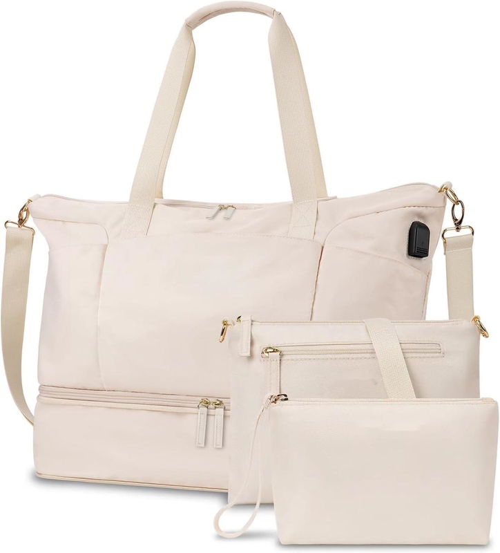 Beige Carry On Tote Expandable Weekender Duffel Travel Bag With Shoe Compartment And Wet Pocket
