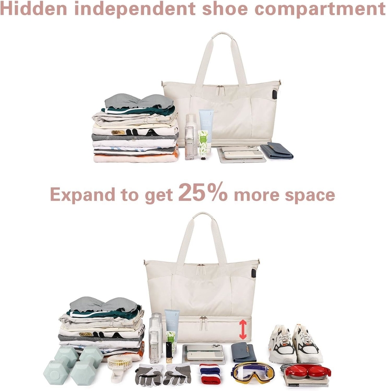 Beige Carry On Tote Expandable Weekender Duffel Travel Bag With Shoe Compartment And Wet Pocket