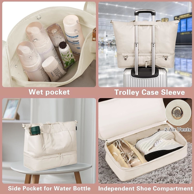 Beige Carry On Tote Expandable Weekender Duffel Travel Bag With Shoe Compartment And Wet Pocket