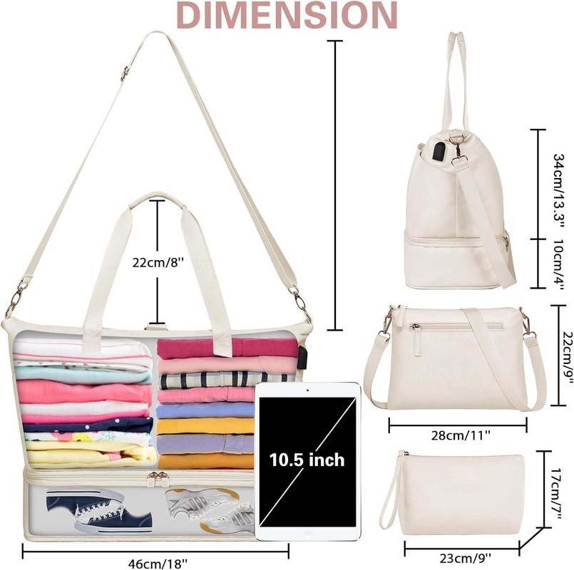 Beige Carry On Tote Expandable Weekender Duffel Travel Bag With Shoe Compartment And Wet Pocket