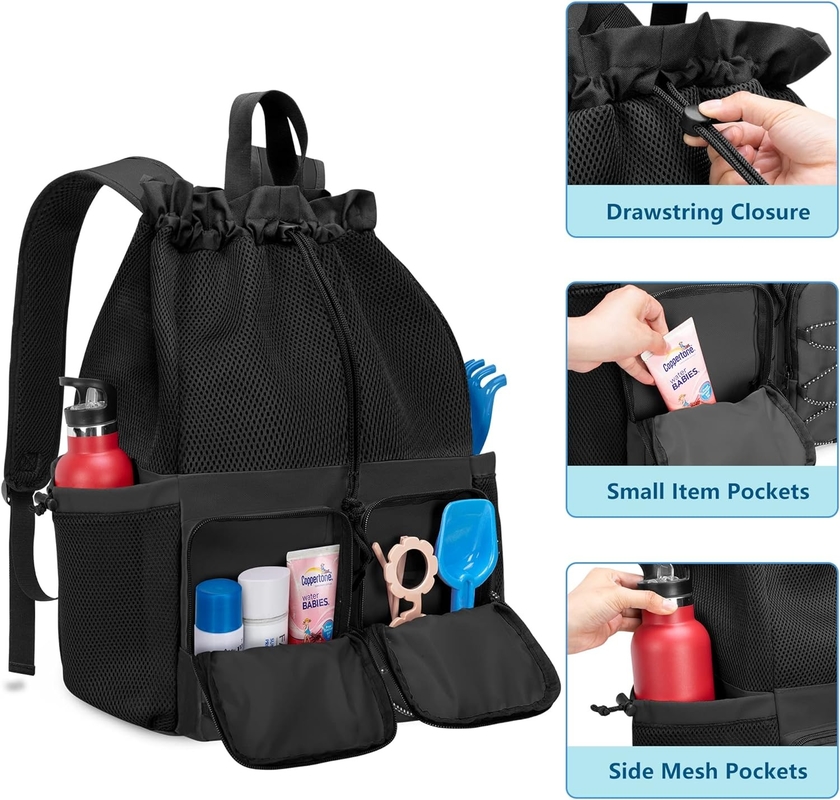 Black Waterproof Drawstring Beach Swim Gym Pool Sports Mesh Custom Travel Bag for Men and Women