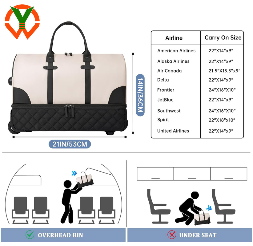 21 Inch Large Capacity Rolling Travel Bag With Shoe Compartment And Wheels For Women