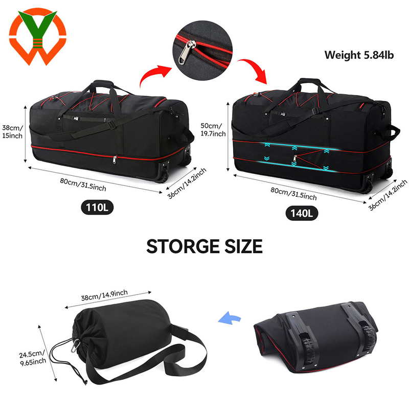 120L/140L Double Rubber Wheel Folding   Travel Duffle Bag And Multiple Pockets And Compartments